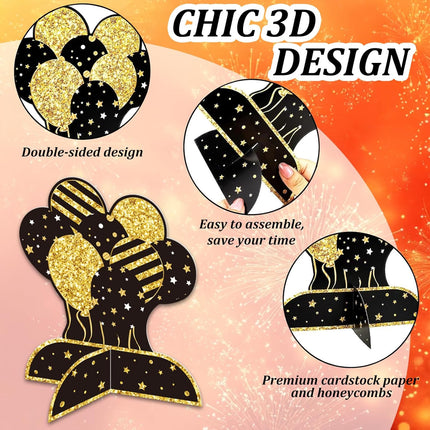 Happy New Year 2026 Table Decor – Black & Gold Honeycomb Centerpieces