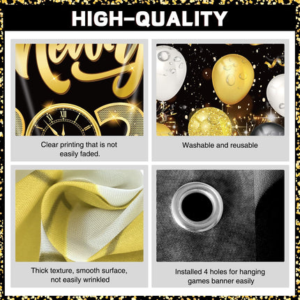 Happy New Year 2026 Door Cover – Black & Gold NYE Party Decoration