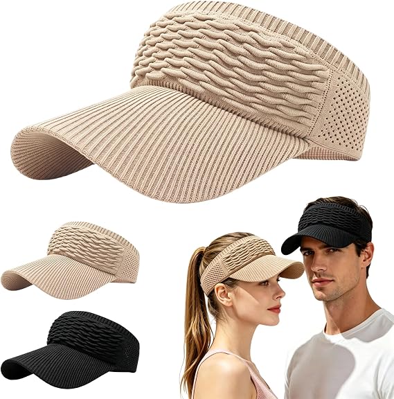 2 Pack Women's Open Top Sun Visors Wide Brim Ponytail UV Protection Sports Hats