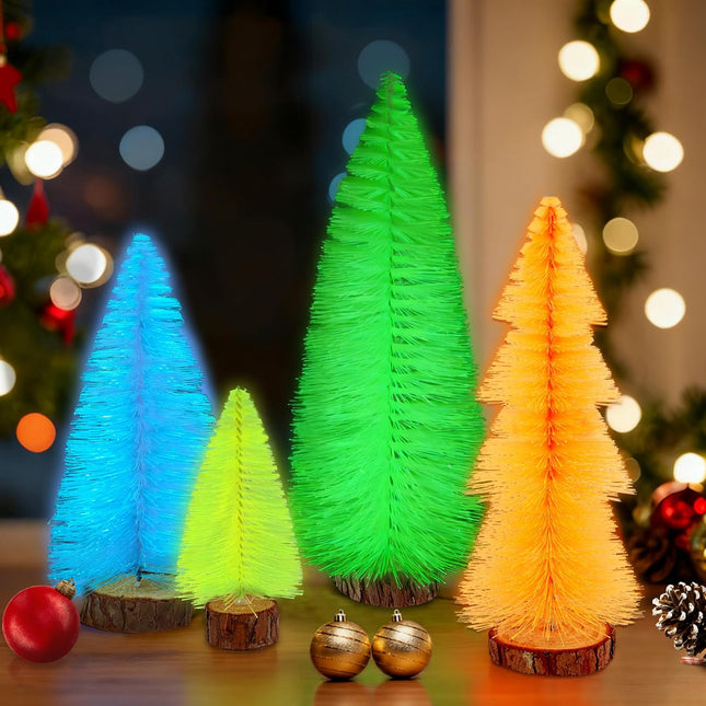4pcs Mini Christmas Trees – Fluorescent Bottle Brush Trees with Wooden Base for Decor