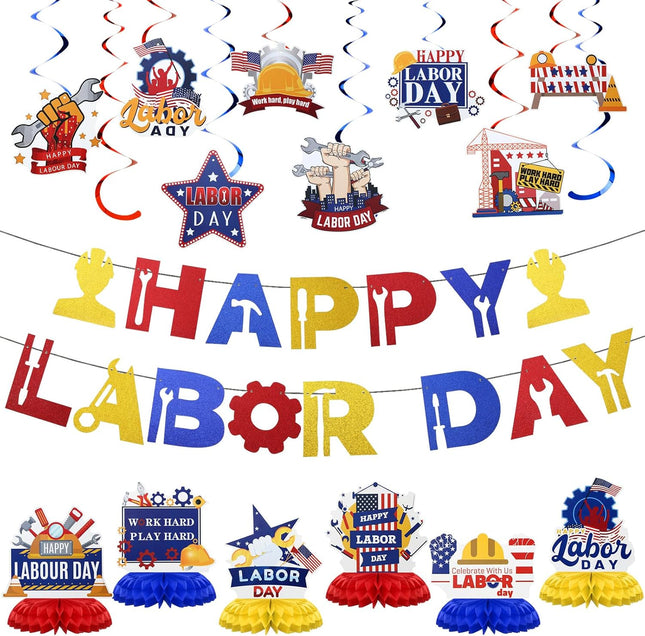 48 Pcs Happy Labor Day Decorations Set Banner Honeycomb Centerpieces