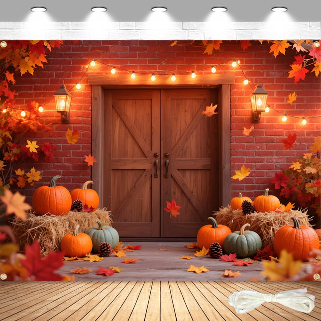 Large 7x5FT Fall Backdrop – Autumn Pumpkin, Maple Leaves, Barn Wood & Ribbon for Parties