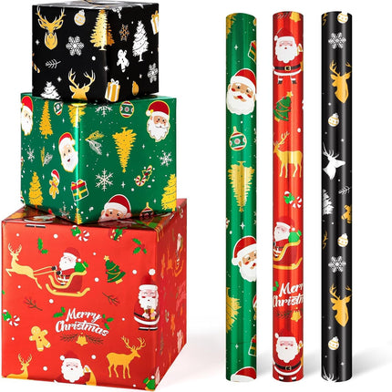 3 Rolls Kids Christmas Wrapping Paper – 17"x120" Santa Foil Gift Wrap