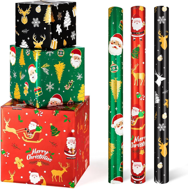 3 Rolls Kids Christmas Wrapping Paper – 17"x120" Santa Foil Gift Wrap