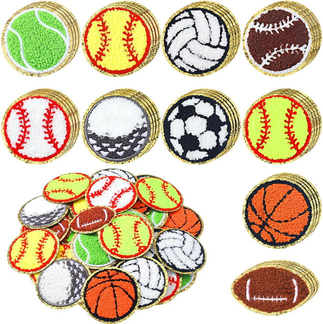 40 Pack Chenille Sports Ball Iron-On Patches with Gold Edges for Clothing and Hats