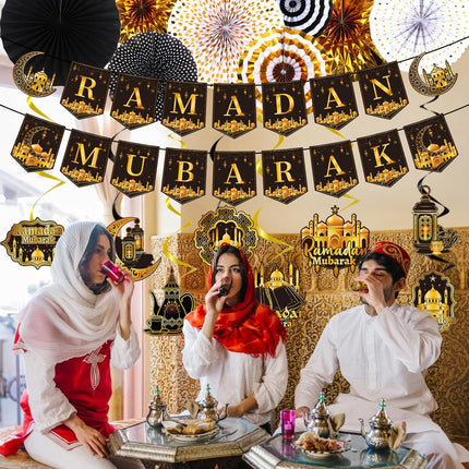 18PCS Eid Mubarak Decorations Kit: Banners, Paper Fans, Swirls & Islamic Themes