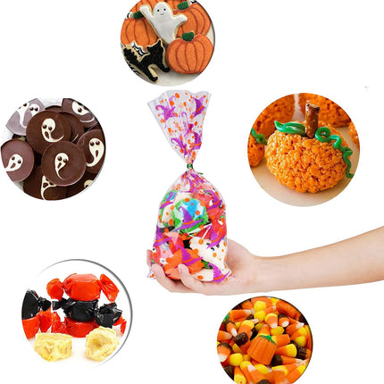 150-Piece Halloween Cellophane Treat Bags with 300 Twist Ties, Bat Pumpkin Witch
