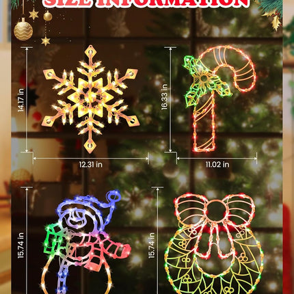 4 Pack Christmas Window Silhouette Lights Wreath, Candy Cane, Snowflakes, Snowman
