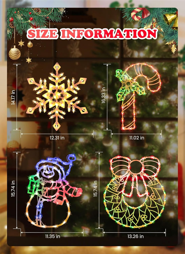 4 Pack Christmas Window Silhouette Lights Wreath, Candy Cane, Snowflakes, Snowman