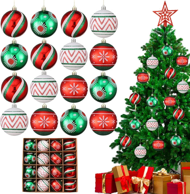 16-Piece Christmas Ornaments – 3.15" Shatterproof Red, Green & White Bulb Pendants