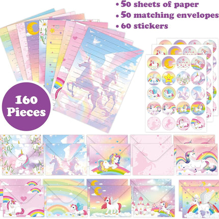 160PCS Letter Writing Set – 50 Papers, 50 Envelopes, 60 Stickers, Rainbow Unicorn