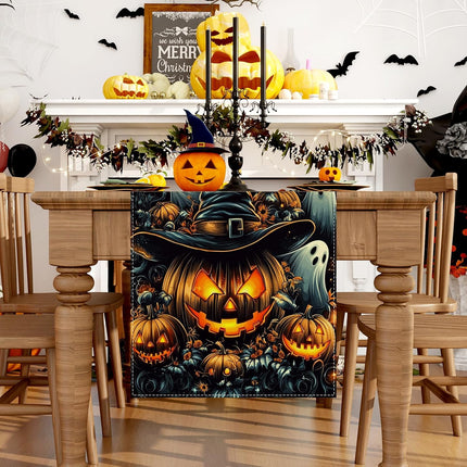 Halloween Ghost & Pumpkin Table Runner 13x72in, Polyester Dining Table Decor