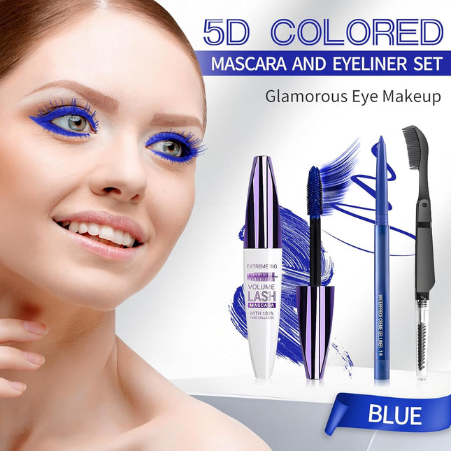 Blue Mascara & Eyeliner Set 5D Waterproof Curling Lengthening Eye Makeup
