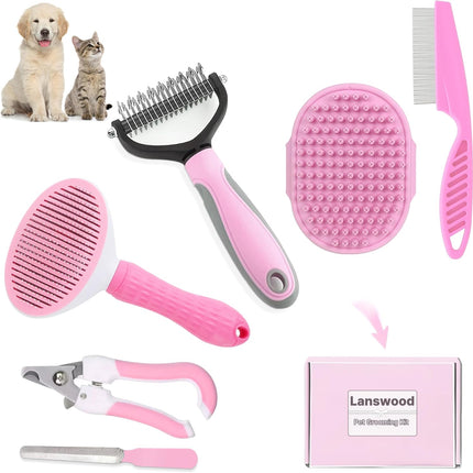 6PCS Dog Grooming Kit: Brushes for Shedding, Dematting Comb, Nail Clippers & More (Pink)