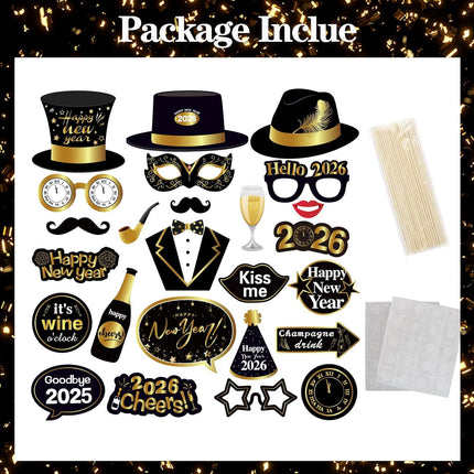 Black 2026 New Year Photo Booth Props – 25-Pc NYE Party Decorations