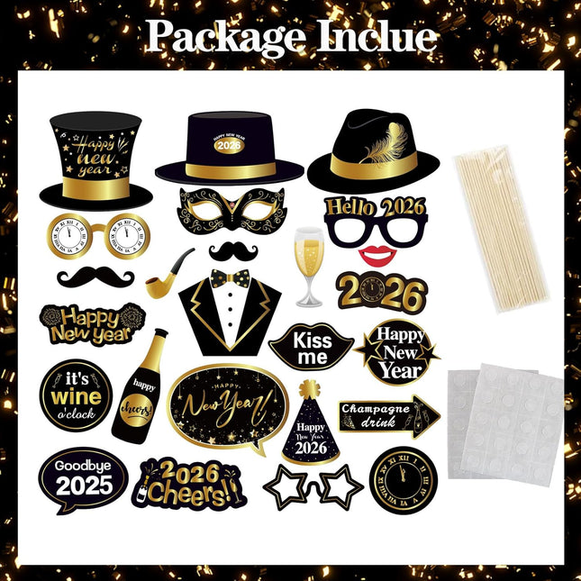 Black 2026 New Year Photo Booth Props – 25-Pc NYE Party Decorations
