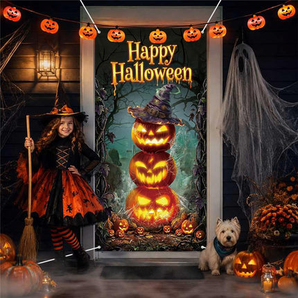 71x35in Happy Halloween Pumpkin Stack Door Cover, Glowing Jack-O-Lantern Decor