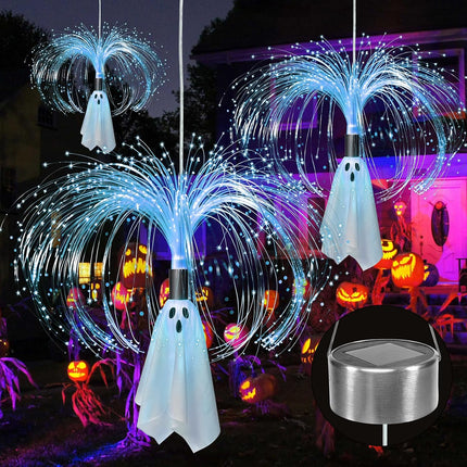 2-Pack 2FT Solar Fiber Optic Ghost Lights, Cool White Hanging Halloween Yard Decor