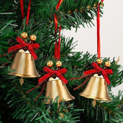 6PCS Gold Jingle Bells with Red Bow & Berry – Christmas Tree Hanging Ornaments