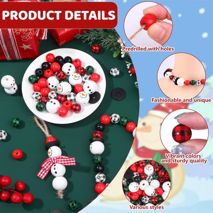 DIY Christmas Snowman Beads Kit | Buffalo Plaid Wooden Beads & Twine Scarf