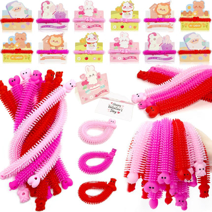 48 PCS Valentine’s Day Fidget Toys: 24 Stretchy Strings + 24 Cards for Kids