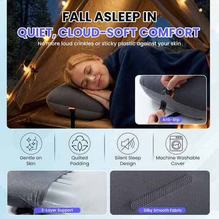 Ultralight Inflatable Camping Pillow, Ergonomic Travel Pillow with Washable Cover, Grey