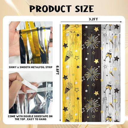 New Year 2026 Party Decorations – 2-Pc Metallic Tinsel Foil Fringe Curtains