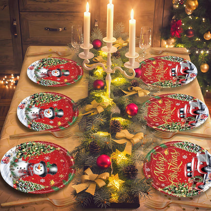 96-Pcs Disposable Christmas Tableware Red Truck & Snowman Themed Party Set