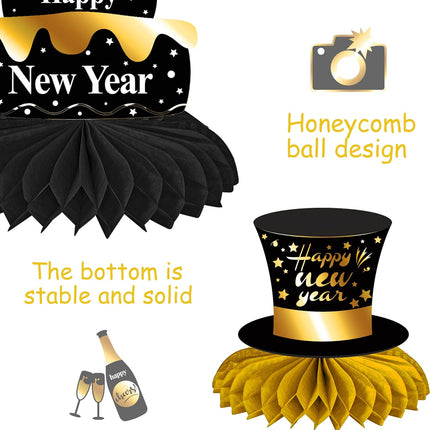 Happy New Year 2026 Table Toppers – Black & Gold Honeycomb Centerpieces