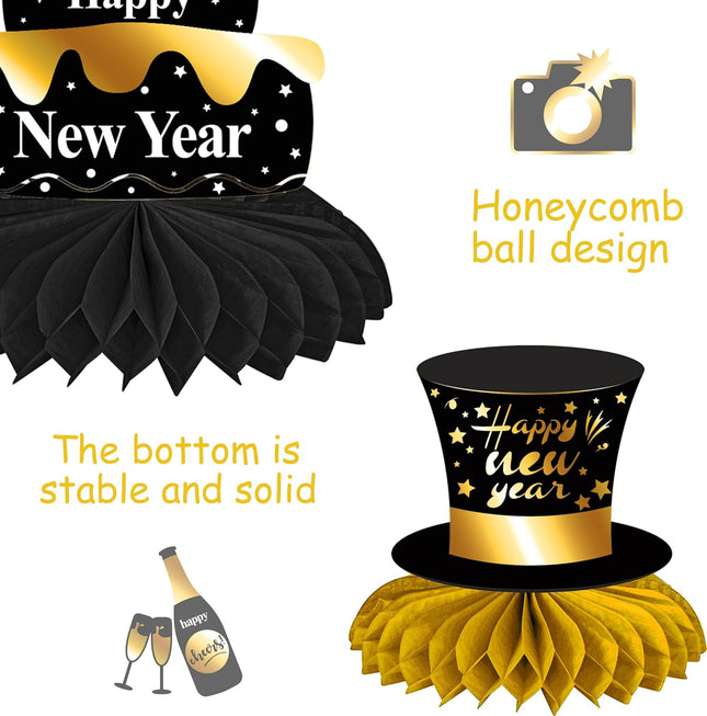 Happy New Year 2026 Table Toppers – Black & Gold Honeycomb Centerpieces