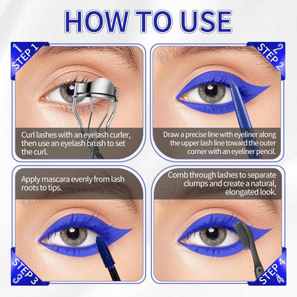 Blue Mascara & Eyeliner Set 5D Waterproof Curling Lengthening Eye Makeup