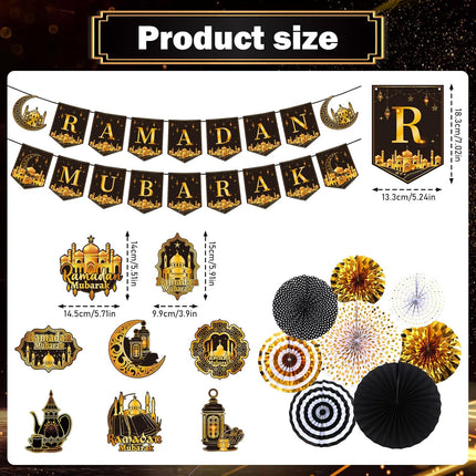 18PCS Eid Mubarak Decorations Kit: Banners, Paper Fans, Swirls & Islamic Themes
