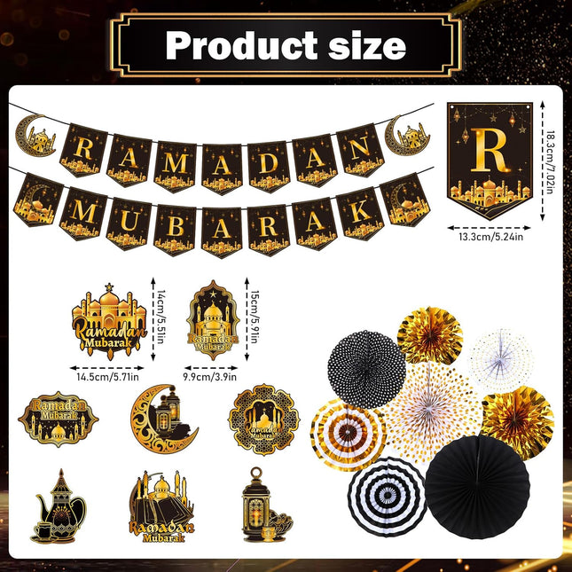 18PCS Eid Mubarak Decorations Kit: Banners, Paper Fans, Swirls & Islamic Themes