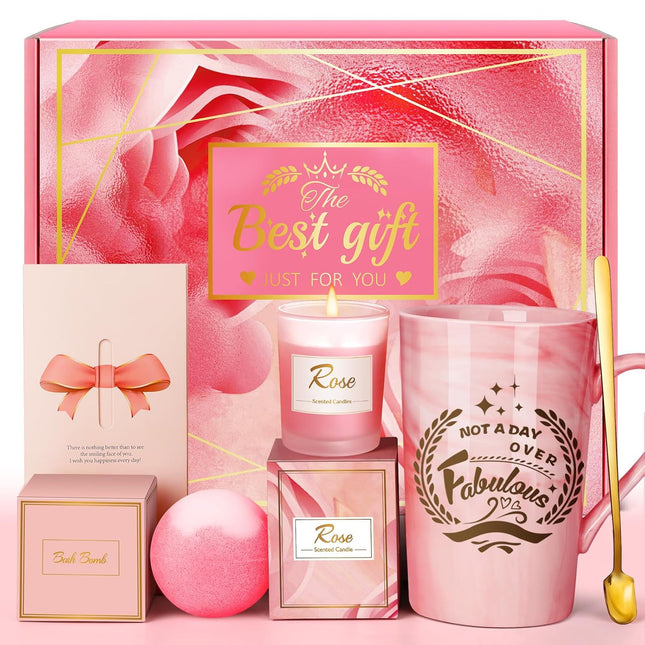 Pink Spa Gift Basket for Women, 12oz Marble Mug, Rose Candle & Bath Bomb Gift Set