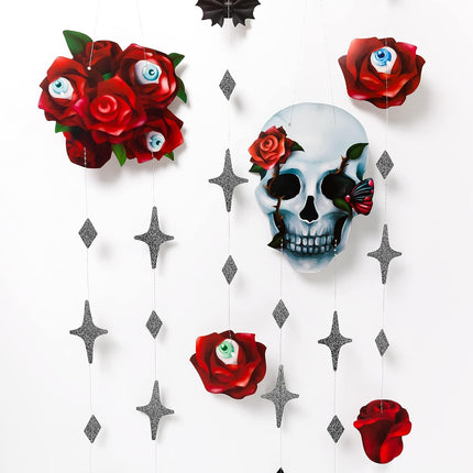Skull Rose Halloween Garland, Red Rose & Black Skull Gothic Party Hanging Decor