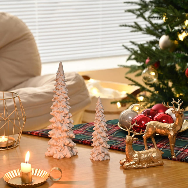 2 PCS Small Resin Christmas Trees Figurines Mini Xmas Tree Set for Home