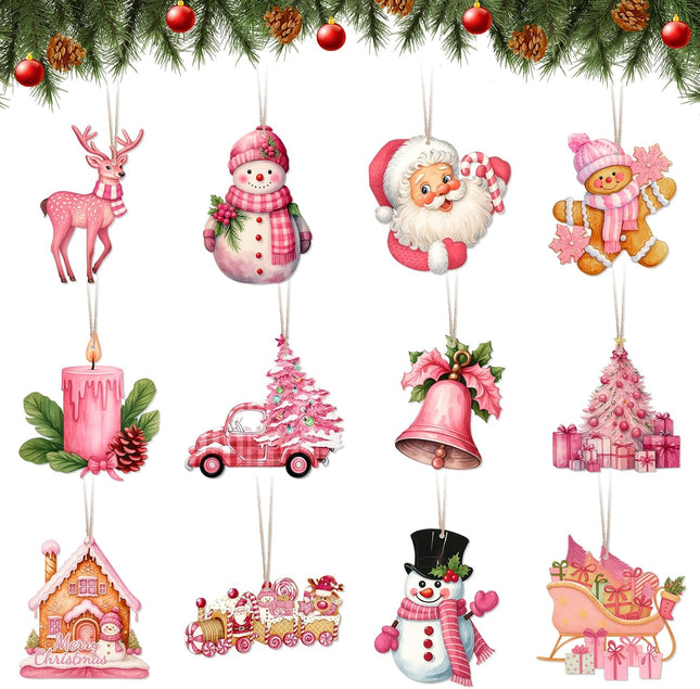 24PCS Vintage Pink Christmas Tree Decorations, Santa Claus & Snowman Wooden Ornaments