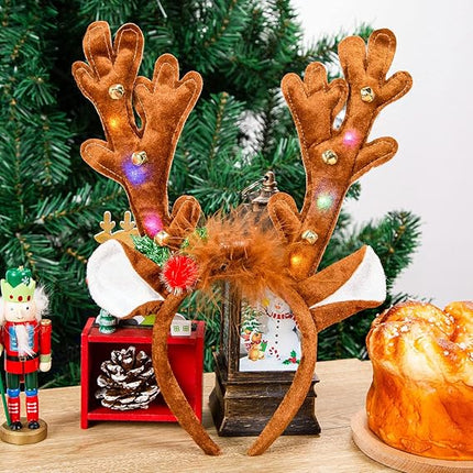 LED Reindeer Antlers Headband with Bells – Light Up Christmas Hairband