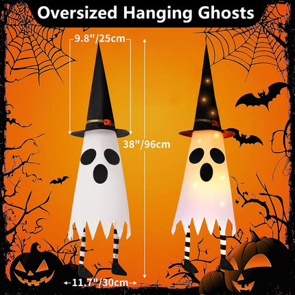 3-Pack 38in Lighted Halloween Hanging Ghosts with Witch Hat, Indoor Outdoor Decor