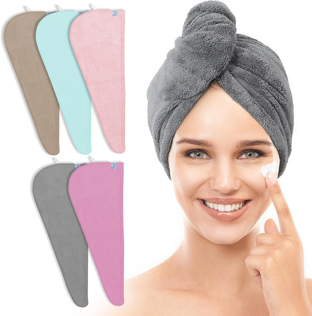 5 Pack Microfiber Hair Towel Wrap Women Quick Dry Turban Elastic Loop Set