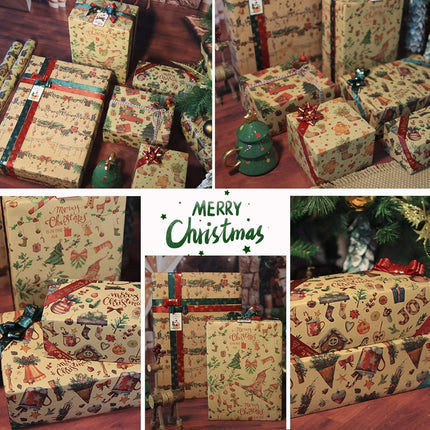 Christmas Wrapping Paper Set 6 Sheets Kraft Gift Tags & Rope Vintage Holiday