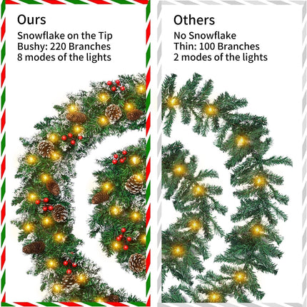 9ft Lighted Christmas Garland – 50 LEDs, Pine Cones, Red Berries, 8 Modes