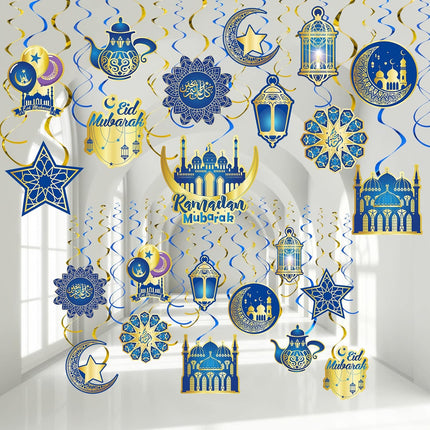 30-Piece Eid Ramadan Mubarak Decoration Set - Hanging Swirls, Stars, Moon & Lanterns