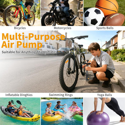 Portable Floor Bike Pump, Dual Presta Schrader Valve Air Pump with Ball Needles