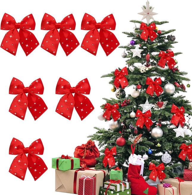 Red Velvet Christmas Bows – 6PCS Small Ribbon Wreath Bows for Home & Front Door Decorations