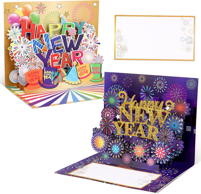2-Piece 3D New Year Greeting Cards – Pop-Up Handmade Cards with Envelope