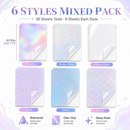 36 Sheets Holographic Sticker Paper, A4 Clear Waterproof Vinyl, 6 Styles for DIY Crafts