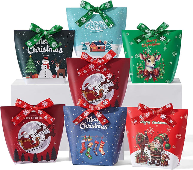 24PCS Christmas Treat Boxes with Ribbons – 6 Pattern Gift Favor Bags