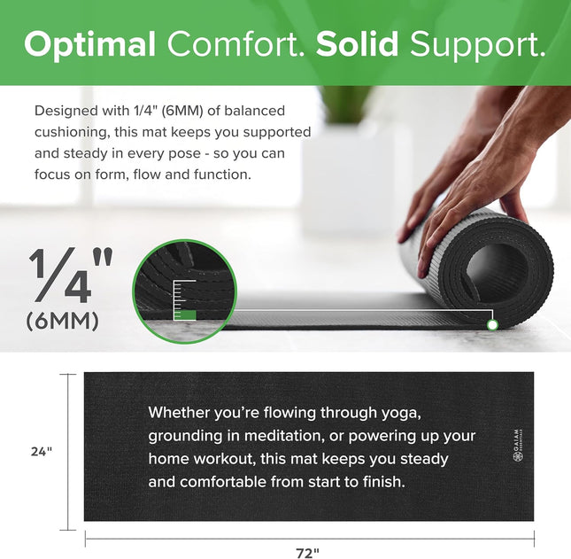 Essentials 1/4” Yoga & Pilates Mat – 6mm Fitness Mat with Easy-Cinch Carrier Strap