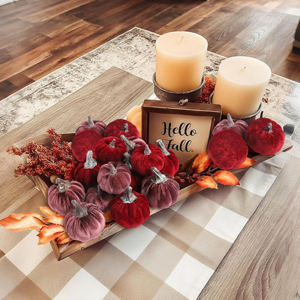 Burgundy Velvet Pumpkins Set of 12, Autumn Table Centerpiece & Harvest Decor